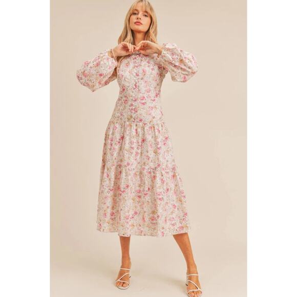 Just Me EVALYN Prairie Eyelet Lace Midi Dress in Pink Floral Size M NWOT $175 - Picture 2 of 6